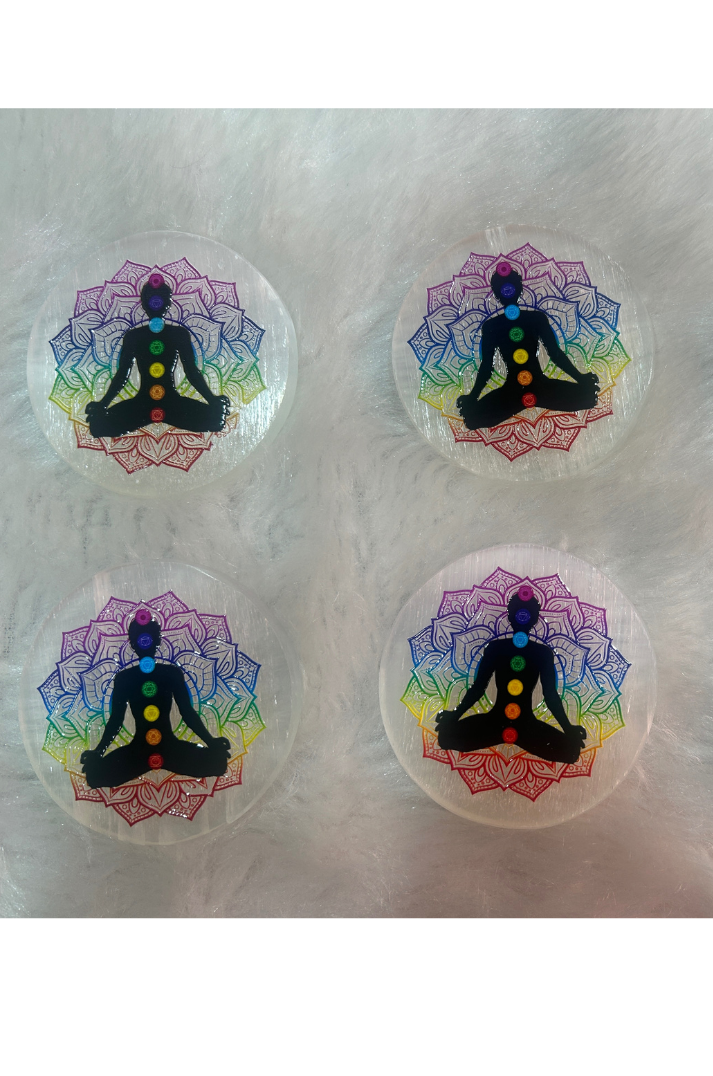 Selenite Coaster with 3D 7-Chakra Symbol 🌱🙏🌷