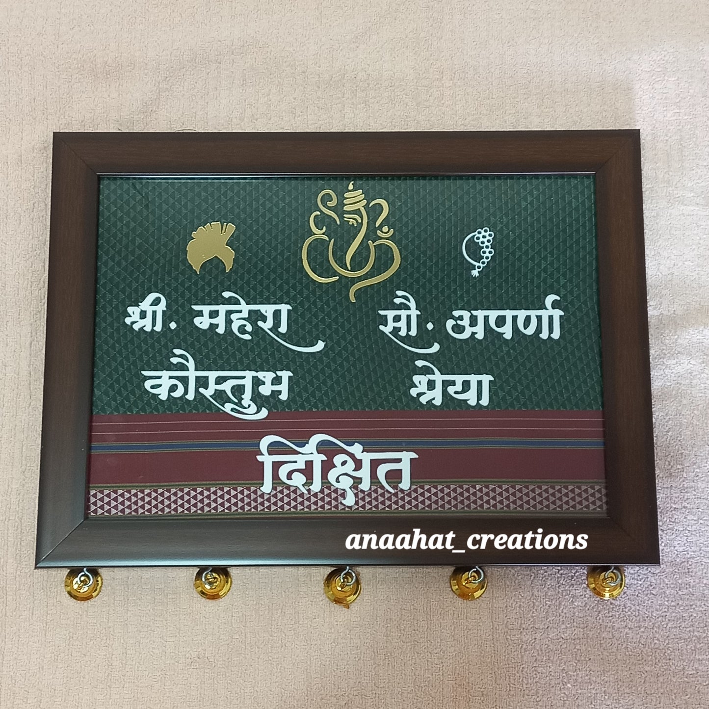 Family Nameplate of 4 member name( horizontal shape )  with golden feta and nath 💘💕💜💞