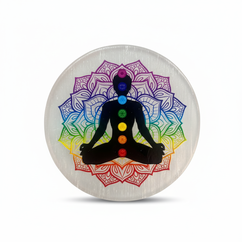 Selenite Coaster with 3D 7-Chakra Symbol 🌱🙏🌷