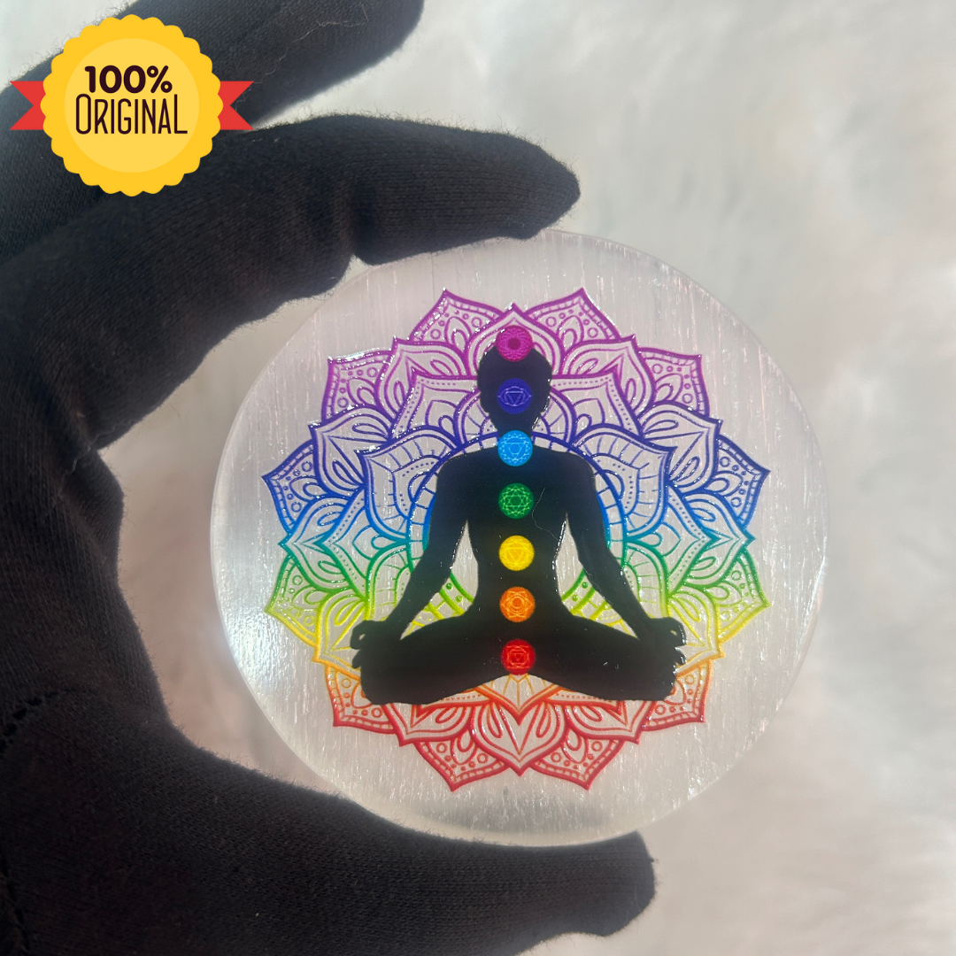 Selenite Coaster with 3D 7-Chakra Symbol 🌱🙏🌷