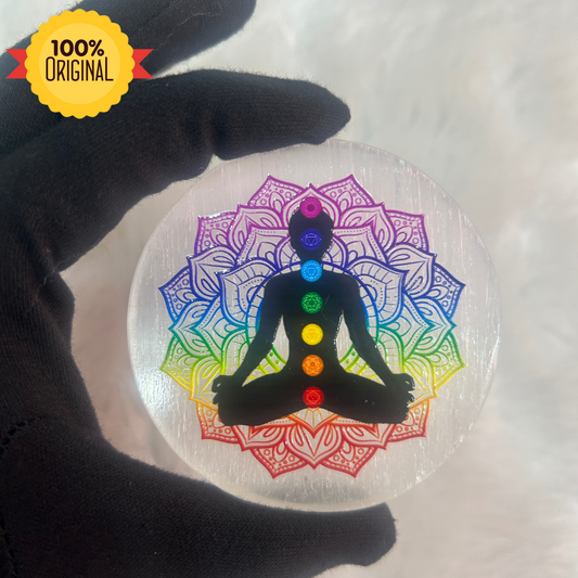 Selenite Coaster with 3D 7-Chakra Symbol 🌱🙏🌷